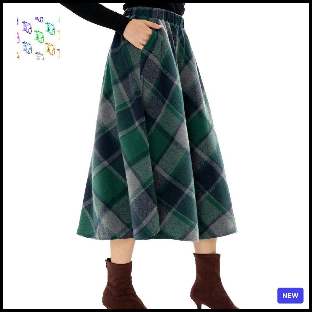 Long Plaid Wool Skirt High Waisted A-Line Pleated Tartan with Pockets